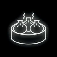 Steaming basket full of delicious dim sum buns glowing neon style vector