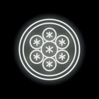 Round glowing neon sign with seven circles and snowflakes on black background vector