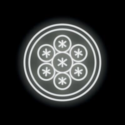 Round glowing neon sign with seven circles and snowflakes on black background