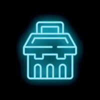 Blue neon toolbox icon glowing against dark background vector