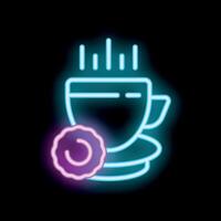 Neon coffee or tea cup with steam and cookie on a saucer vector