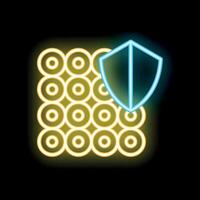 Neon shield protecting data storage icon glowing on dark background vector