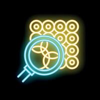 Magnifying glass investigating neon pattern analysis concept icon vector