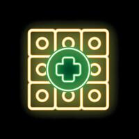 Neon green cross glowing inside a yellow neon square grid on black background vector