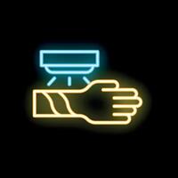 Neon icon of hand scanner being used for biometric security vector