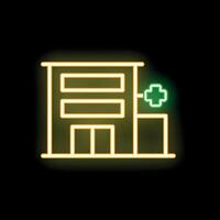 Neon sign depicting a hospital building with green cross on black background vector