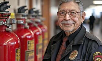 A man in a suit standing next to fire extinguishers video