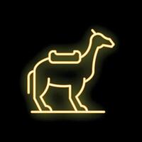 Neon camel standing with saddle on its back glowing yellow vector