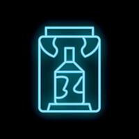 Neon sign of open cardboard box with bottle inside on black background vector