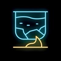 Neon icon of beaker heating over bunsen burner flame for science experiment vector