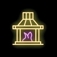 Glowing neon sign of a fireplace with burning firewood on a black brick wall background vector