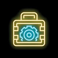 Neon sign of toolkit with gear wheel on black background vector