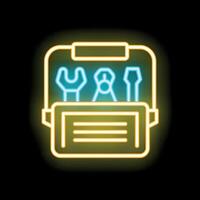 Neon toolbox icon glowing with wrench pliers and screwdriver for repair and maintenance vector