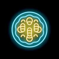 Neon icon of tasty pizza with mushrooms glowing on dark background vector