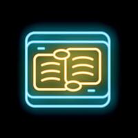 Neon icon of open book displaying on tablet screen vector