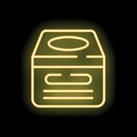 Neon sign of open food container with cover on black background vector