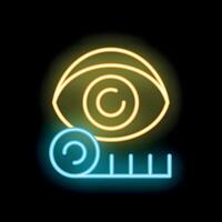 Neon icon of eye tracking technology showing measuring ruler and eyeball vector