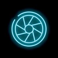 Neon camera shutter aperture icon glowing on black background vector