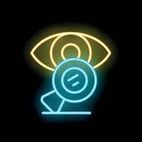 Neon icon of magnifying glass observing an eye representing concept of supervision vector