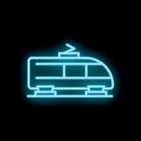 Blue neon icon of a modern tram running on rails vector