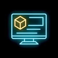 Computer displaying neon 3d cube icon for modeling software vector