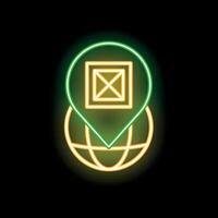 Neon green location pin pointing on world globe with package inside on black background vector