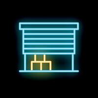 Glowing neon warehouse building facade with closed shutter and boxes inside vector