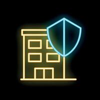 Neon shield protecting building icon glowing on dark background vector