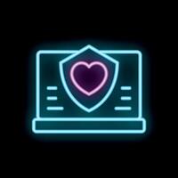 Neon icon of shield protecting heart shape on laptop screen vector