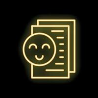 Neon icon of smiling emoji on paper documents representing customer satisfaction vector