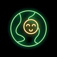 Neon sign of happy earth smiling on black background vector