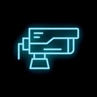 Blue neon icon of a cctv camera glowing on a wall vector