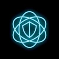 Neon blue shield icon orbiting around atom symbol on black background vector