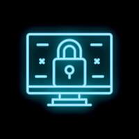 Neon cyber security icon depicting computer screen and lock vector