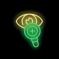 Neon icon of a magnifying glass examining an eye representing concepts such as vision analysis and eye health vector