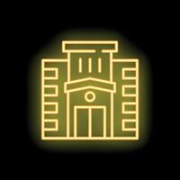 Yellow neon sign representing a building with large entrance on black background vector