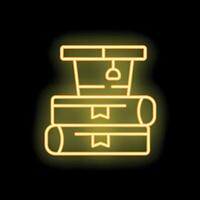 Yellow neon icon of graduation hat resting on stack of books symbolizing education vector