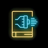 Neon icon of engine flowing into book representing knowledge sharing vector