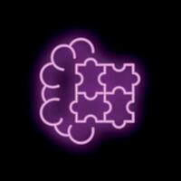 Neon brain solving puzzle with glowing purple light vector