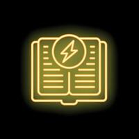 Neon yellow open book with lightning bolt icon glowing on black background vector