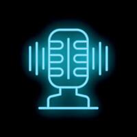 Neon microphone icon glowing with soundwaves on black background vector