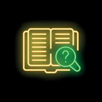 Neon icon of magnifying glass searching open book vector