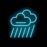 Bright blue neon sign showing raining clouds on black background vector