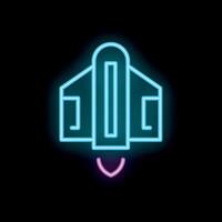 Neon spaceship taking off with rocket fire below on black background vector
