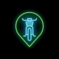 Neon green location pin icon showing a scooter on black background vector