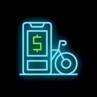 Neon sign showing smartphone displaying bike rental app with dollar symbol for payment vector