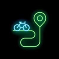 Neon bicycle route leading to location pin on black background vector