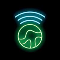 Neon icon of planet earth emitting wifi signal on black background vector