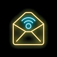 Neon mail envelope icon glowing with wifi signal on black background vector