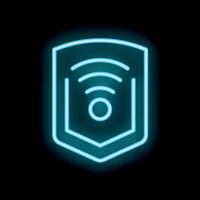 Neon blue shield protecting wifi symbol on black background vector